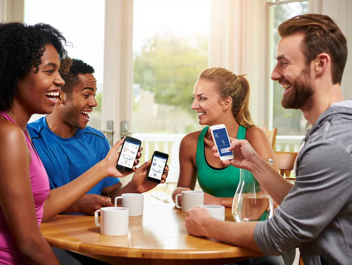 Gruppe af venner der tracker deres fitness fremskridt sammen